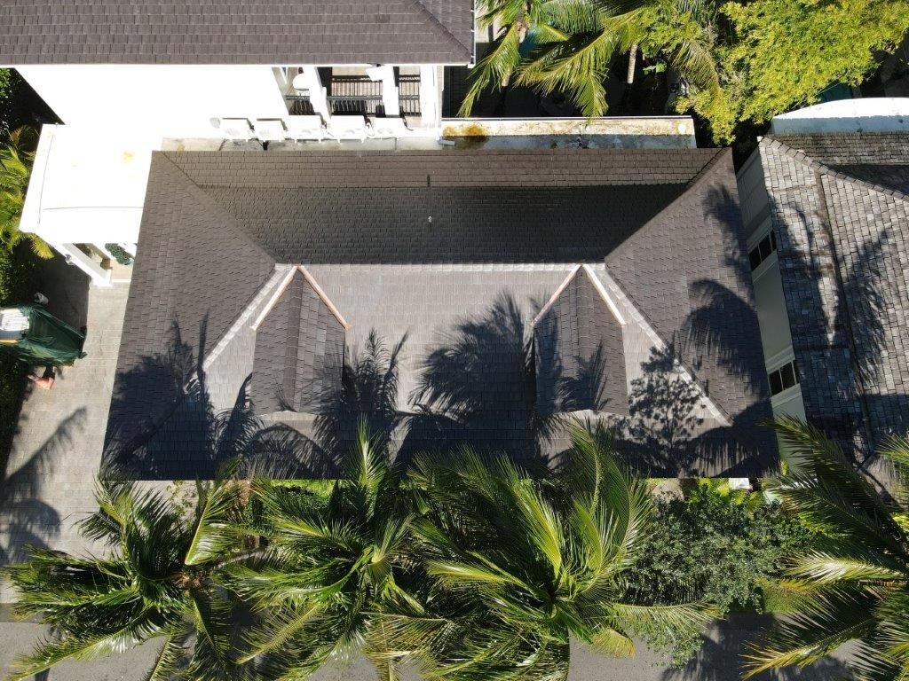 Old Fort Bay residence with new Enviroshake roof, aerial view