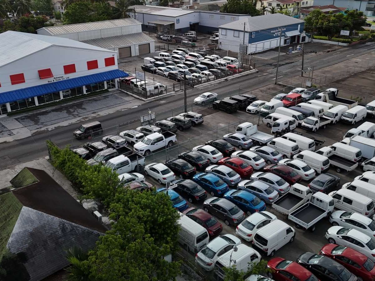 Bahamas Bus and Truck showroom and parts building from the air, July 2024