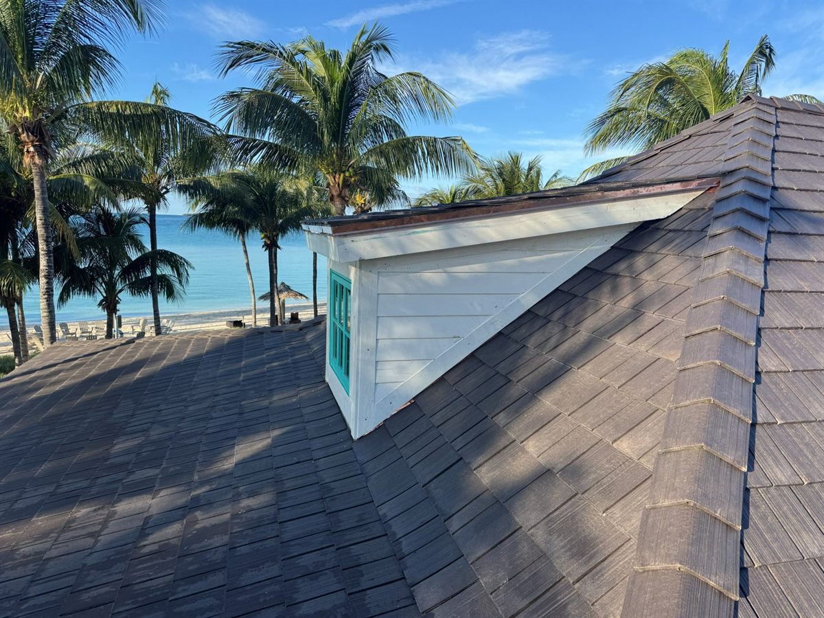 New roof and dormer on Royal Island with the beach beyond
