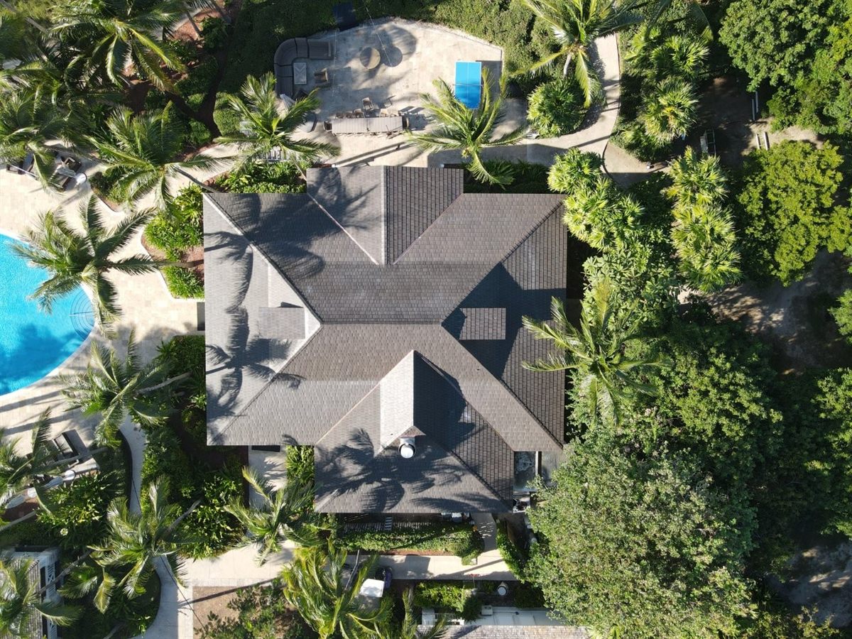 Royal Island cottage with new roof, drone view