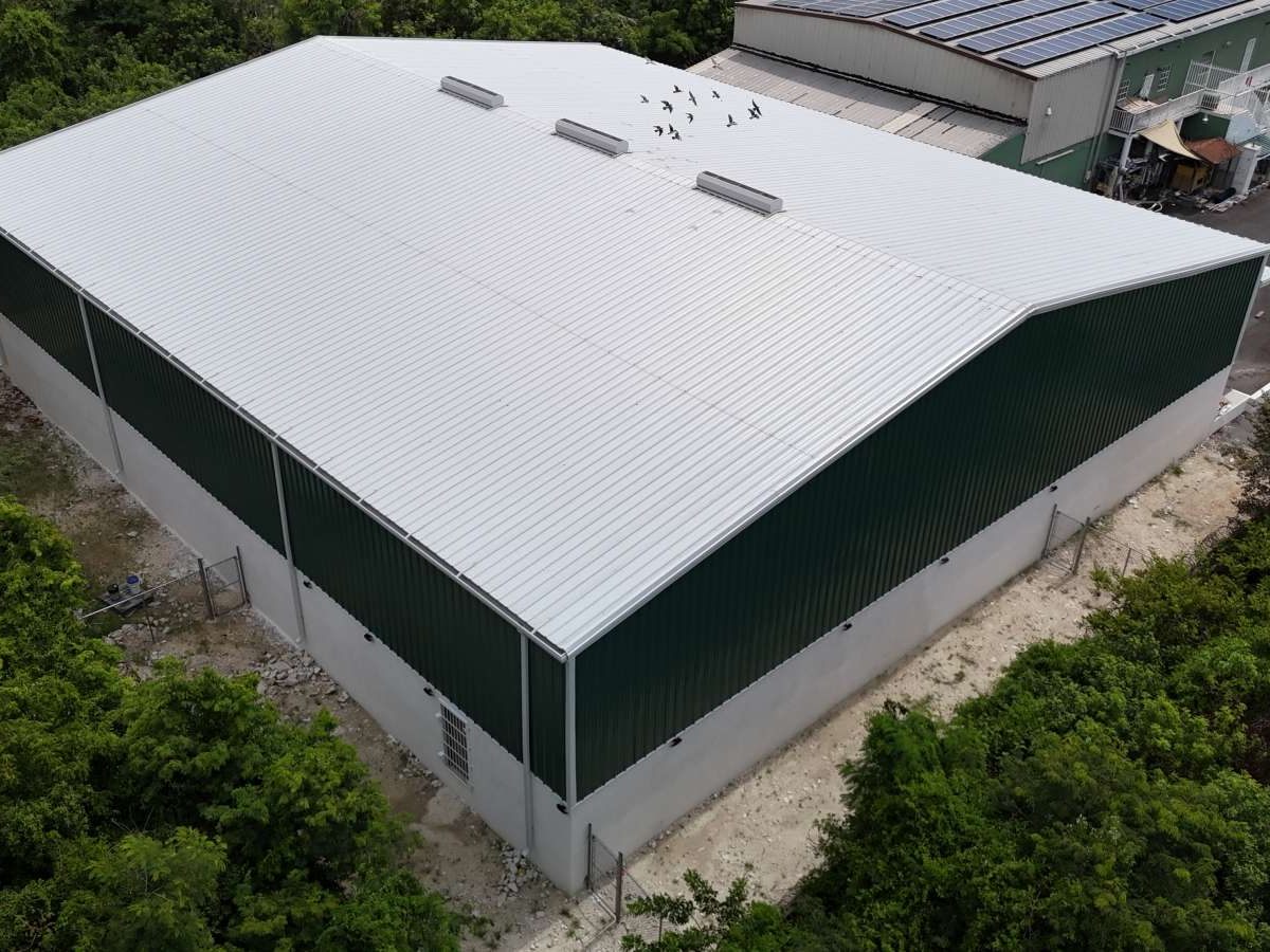 Restaurant Supply steel warehouse on East Street South, completed, from the air
