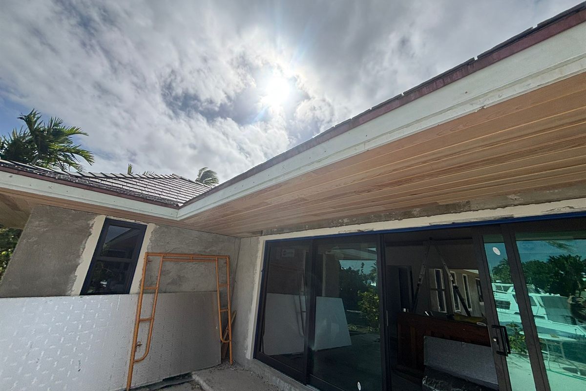 New cypress soffit and roof overhang at Mauras Creek House